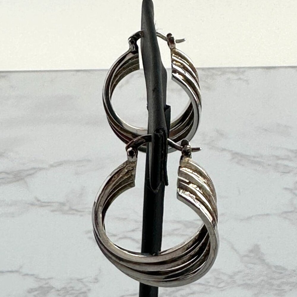 925 Silver Sculptural Hoops, Wave Design, 1" - Picture 3 of 8